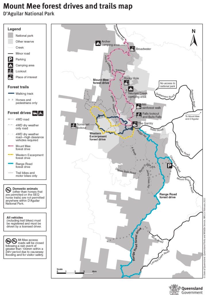 Mount Mee forest drives and trails map, D’Aguilar National Par